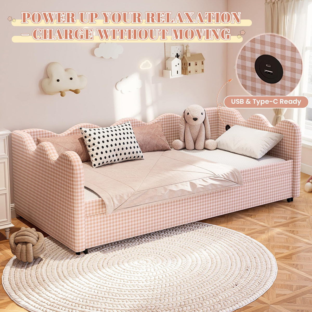 Pink Gingham Twin Size Daybed with Trundle N3673