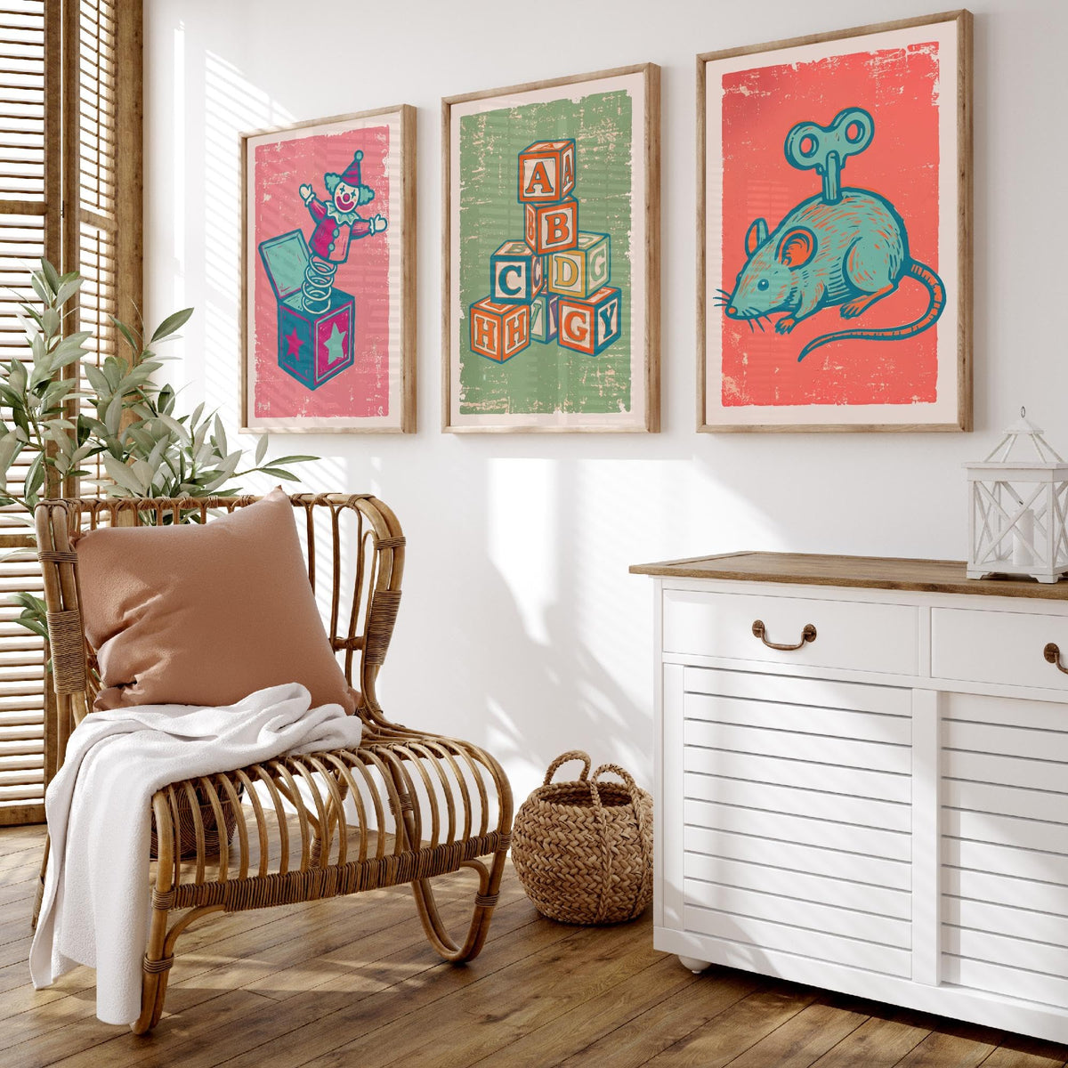 Art Prints Set of 3 Retro Linocut Style J2704