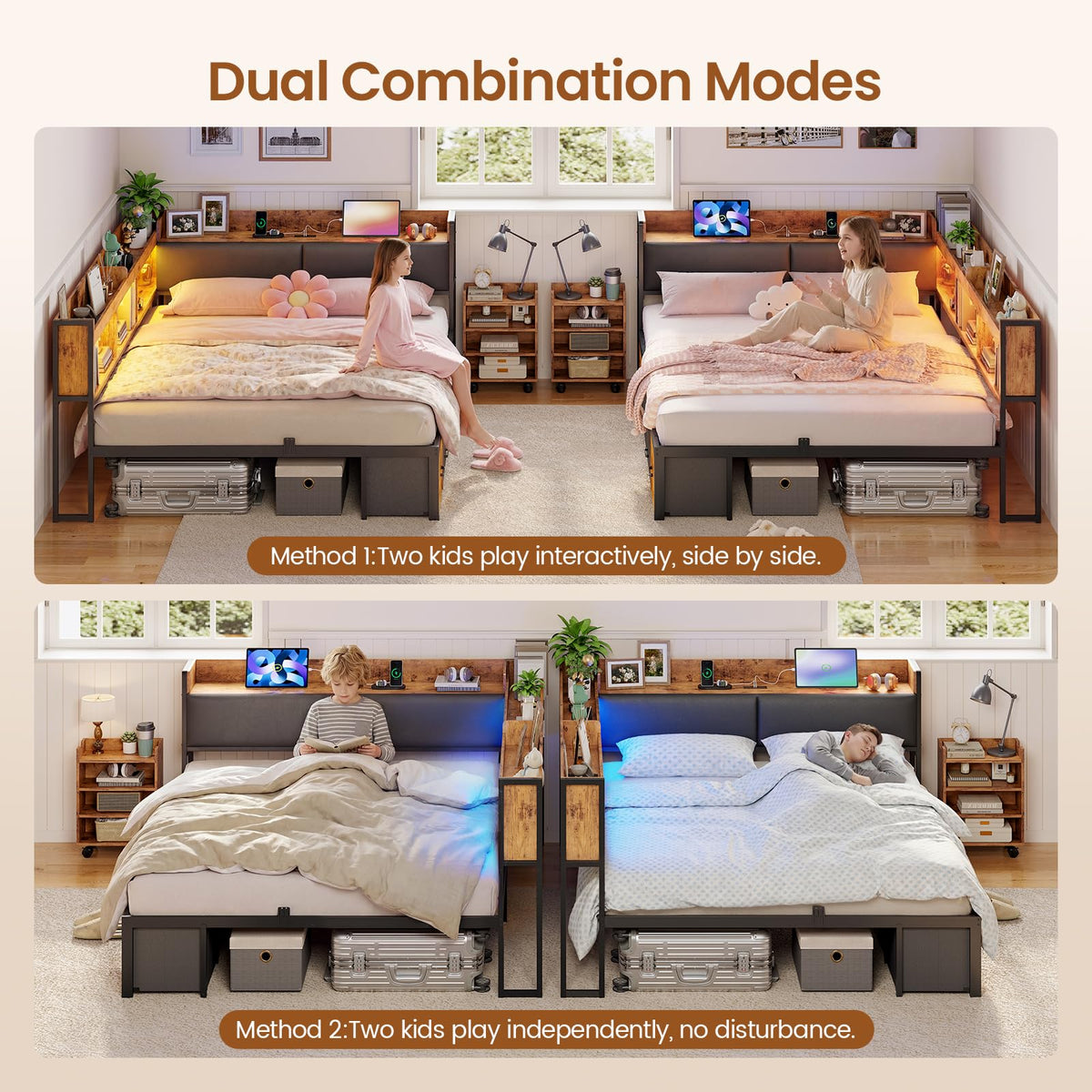 Full Corner Bed Frame with Bookcase Hidden Storage Pull-Out Cabinet Charging Station I233000