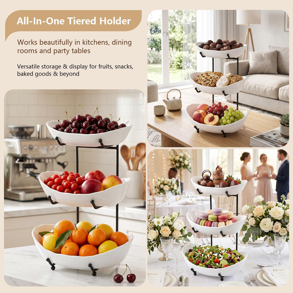 3 Tier Ceramic Fruit Bowl with Metal Stand V16297