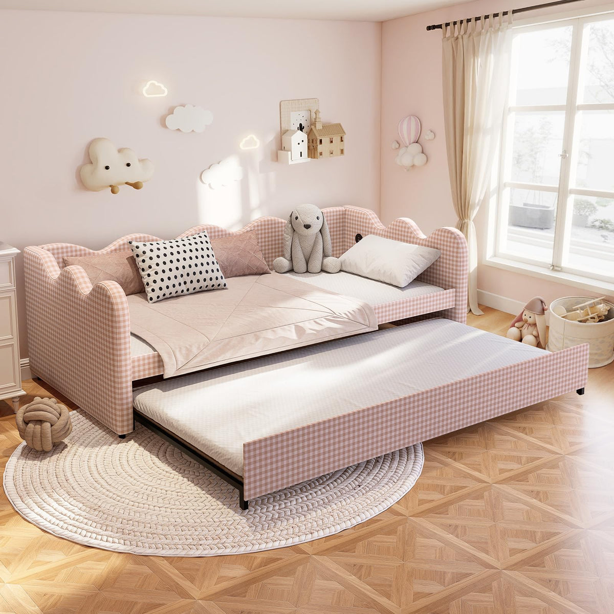 Pink Gingham Twin Size Daybed with Trundle N3673