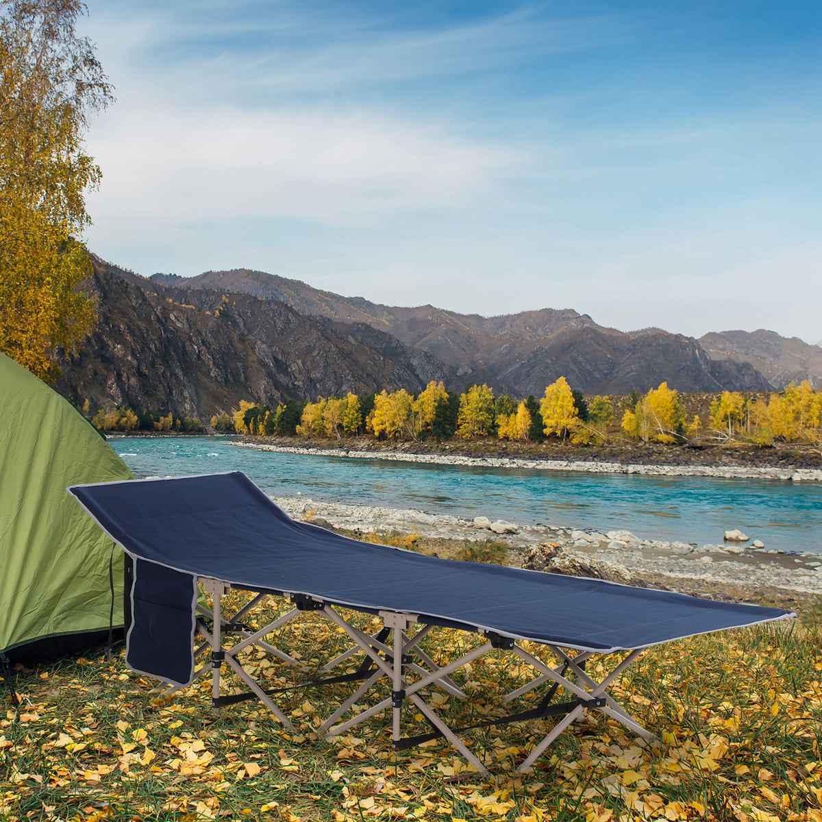 Folding Camping Cot with Carry Bag, Side Pocket, Blue D353850
