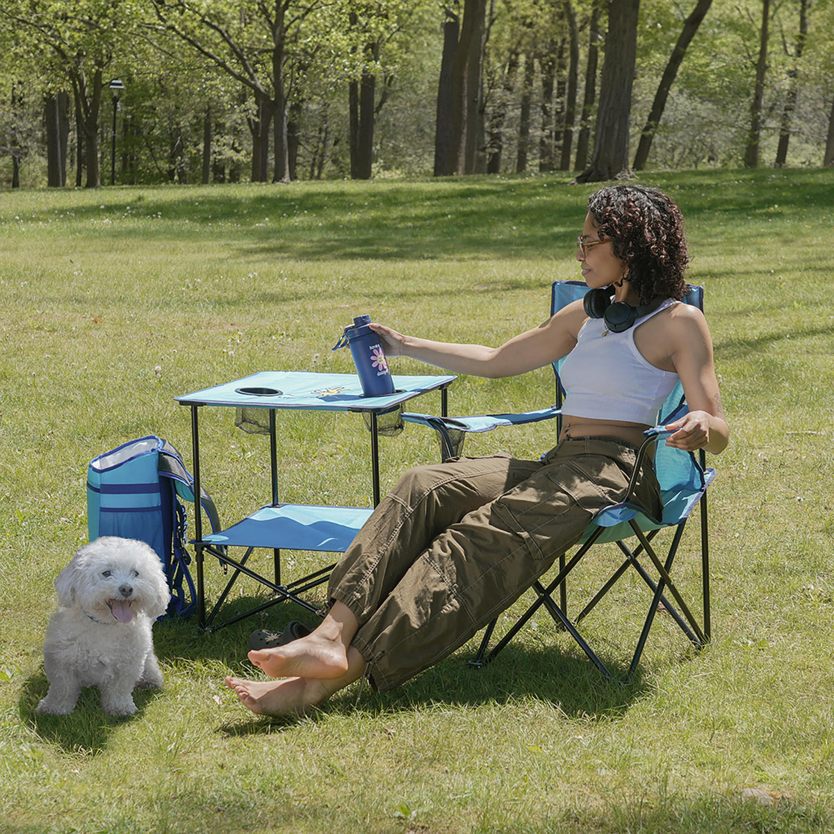 22” Square Compact Outdoor Folding Table with Cup Holders and Carry Bag I1536