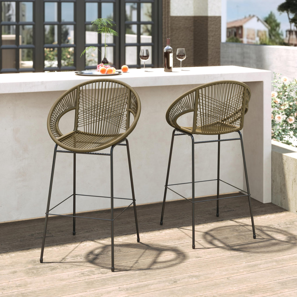 24" Height Metal Legs Faux Wicker Barstool Set of 2 M77396
