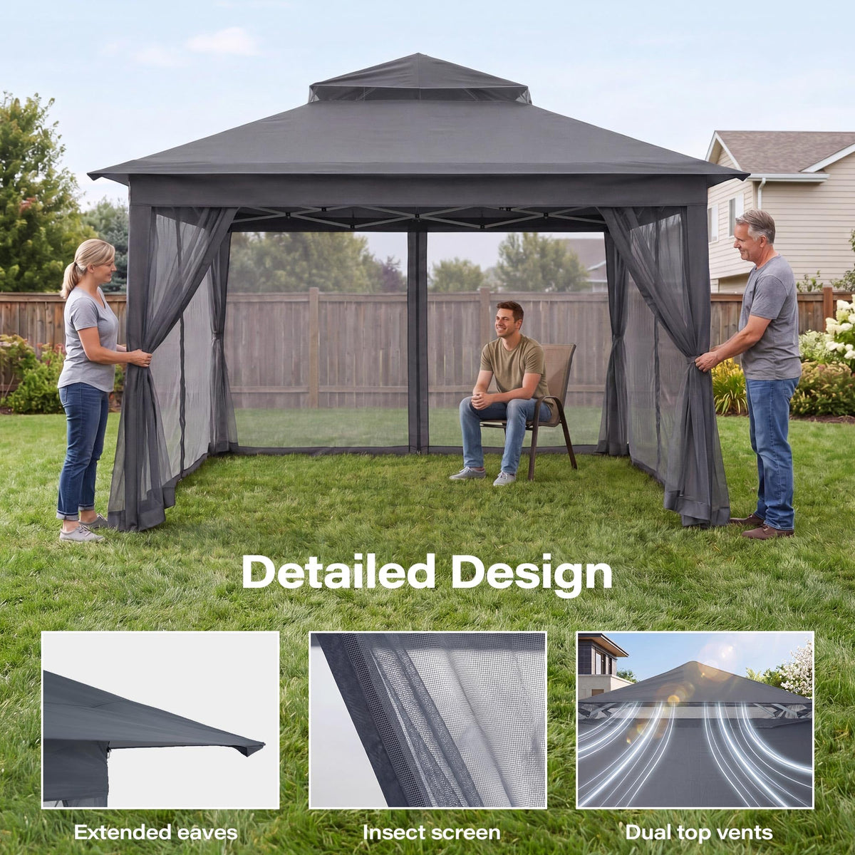 11x11 Pop Up Gazebo Canopy Tent with Mosquito Netting, Adjustable Height, Gray X936025