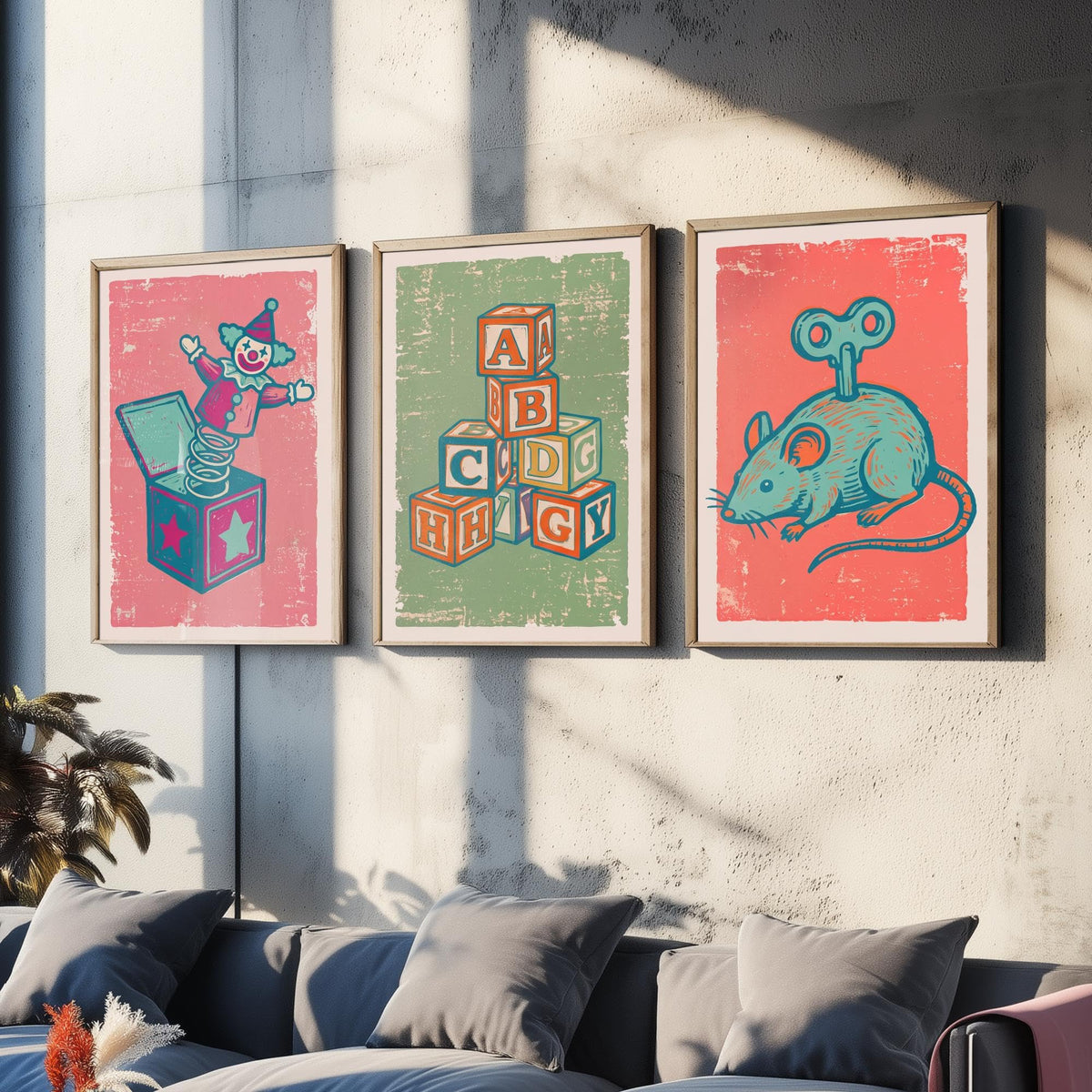 Art Prints Set of 3 Retro Linocut Style J2704
