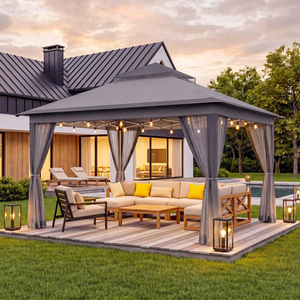 11x11 Pop Up Gazebo Canopy Tent with Mosquito Netting, Adjustable Height, Gray X936025