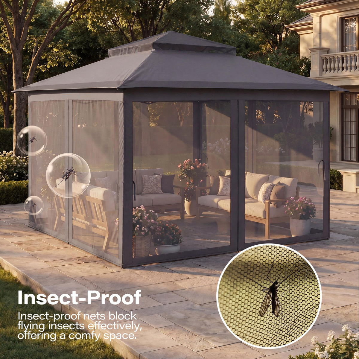 11x11 Pop Up Gazebo Canopy Tent with Mosquito Netting, Adjustable Height, Gray X936025