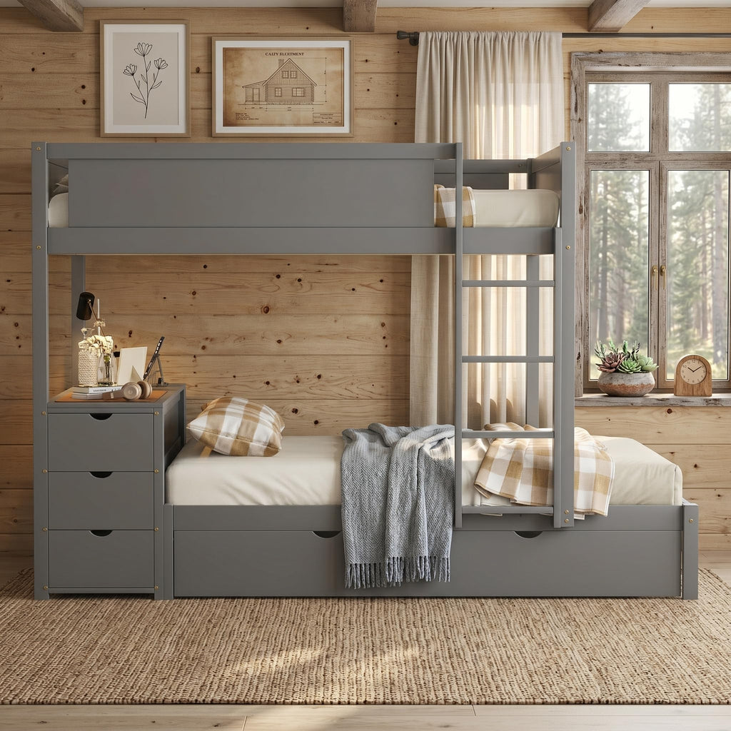 Gray Wood Full Over Full Bunk Bed with Twin Trundle H61778