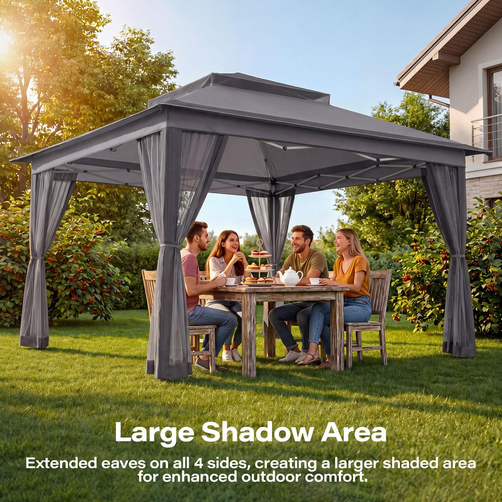 11x11 Pop Up Gazebo Canopy Tent with Mosquito Netting, Adjustable Height, Gray X936025