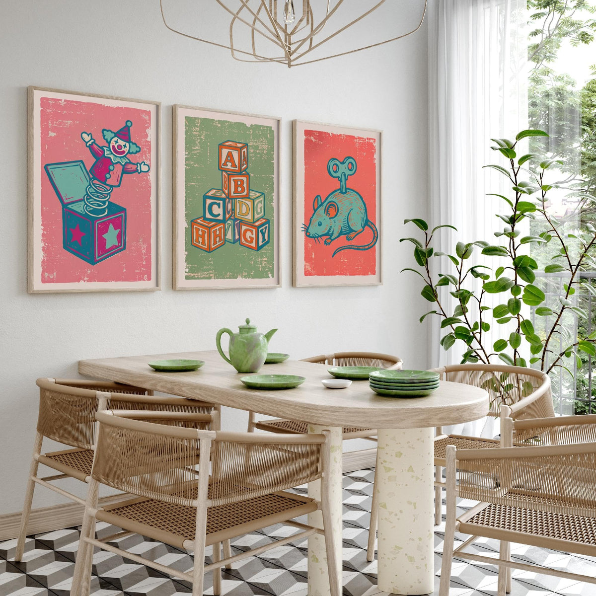 Art Prints Set of 3 Retro Linocut Style J2704